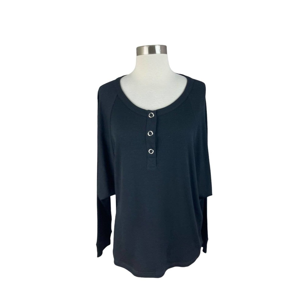 Anthropologie Chasor NEW XL Black Ribbed Snap Henley Long Sleeve Top